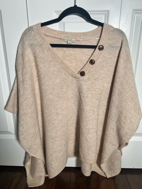 LOFT Beige Knit Poncho with Button Accents - Picture 3 of 7